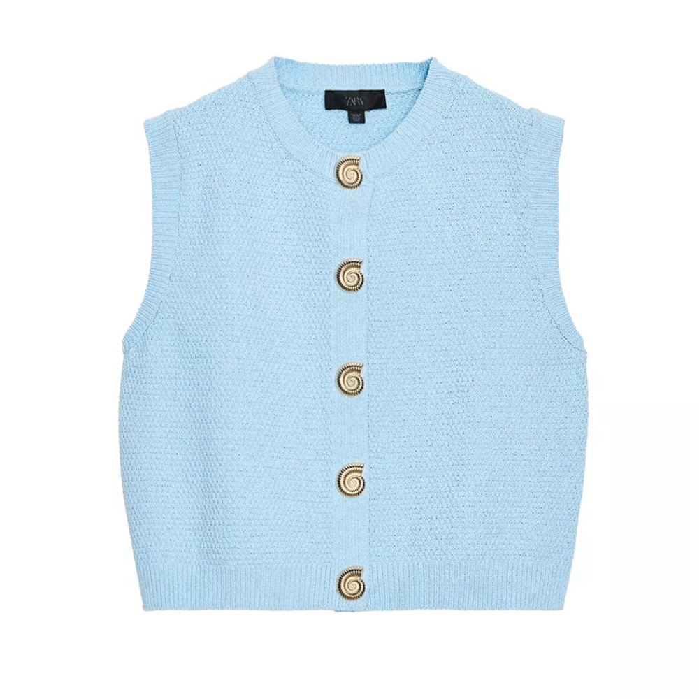 Zara Blue Gold Button Structured Knit Vest Top